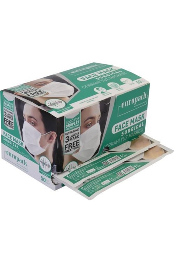 Europack Premium Beyaz Tek Tek Paketli Maske 50'li
